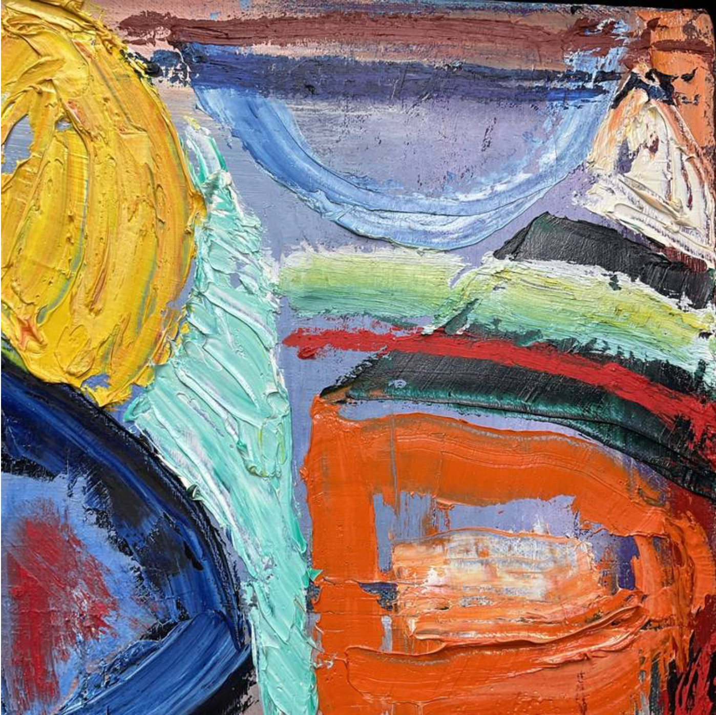 Abstract painting with bold, textured brushstrokes in various colors.