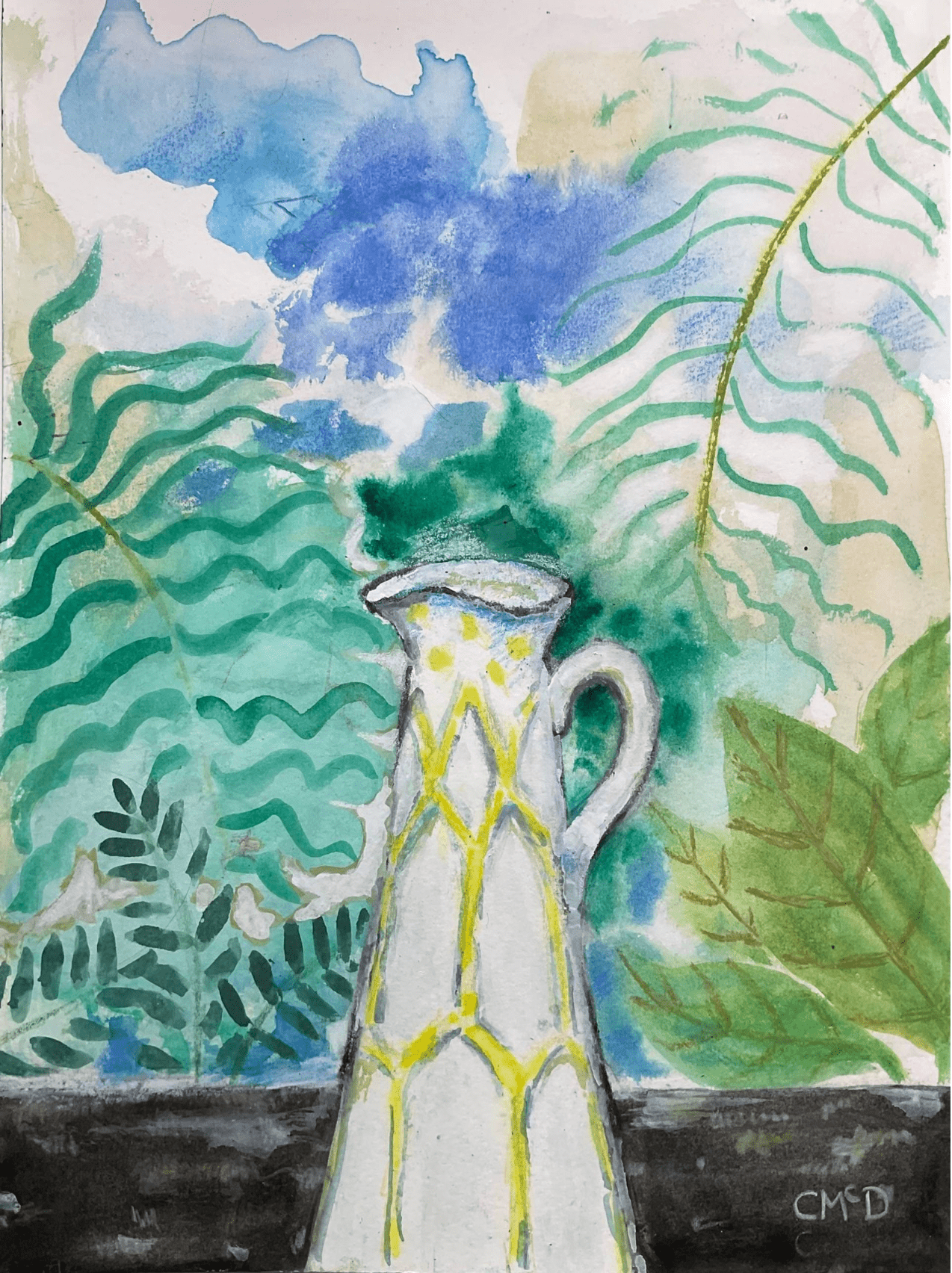 Vase & Leaves - Artist Carol McDermott - artwork on paper
